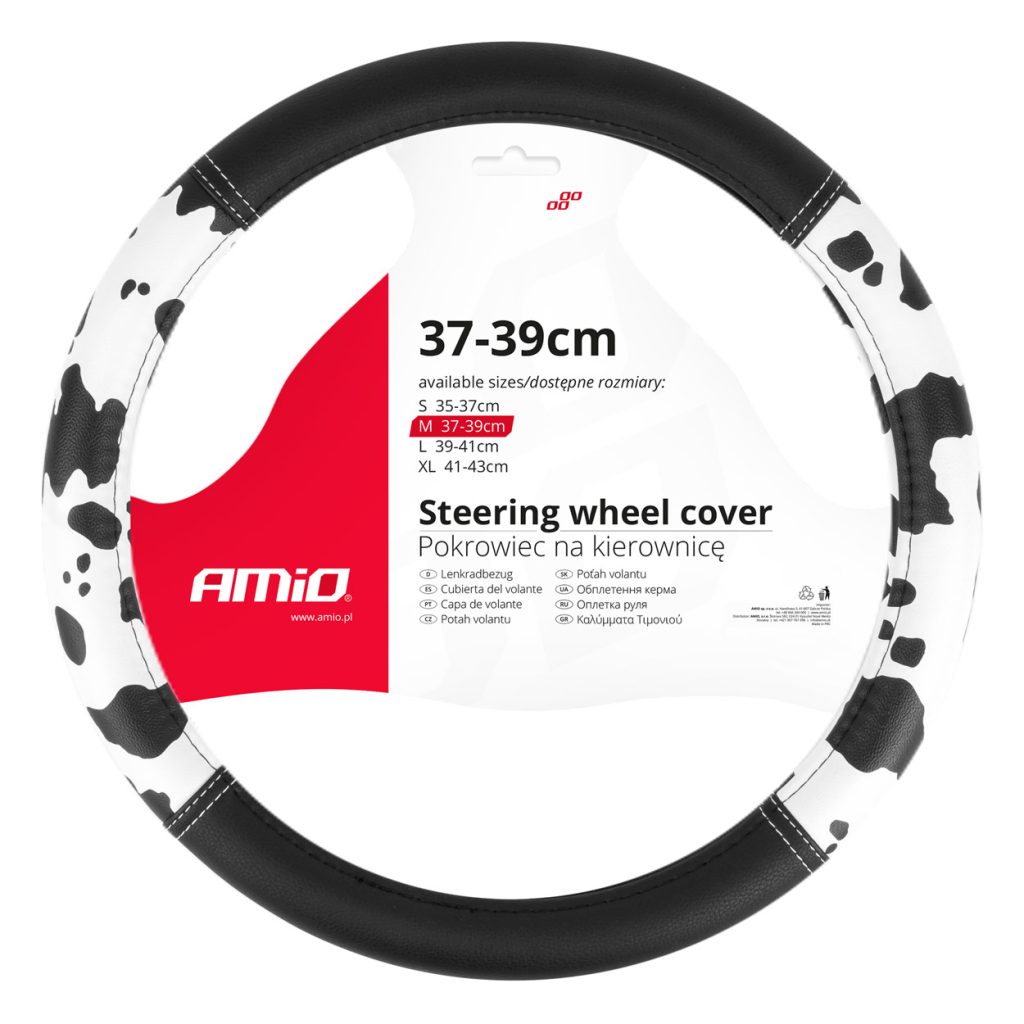 Βλησαρούλης Car Center - Amio - ΚΑΛΥΜΜΑ ΤΙΜΟΝΙΟΥ SWC-62 (M) 37>39cm ΜΑΥΡΟ ΜΕ ΣΧΕΔΙΟ ΑΣΠΡΟΜΑΥΡΟ ΔΕΡΜΑ ΑΓΕΛΑΔΑΣ - 1 ΤΕΜ. (04172/AM)