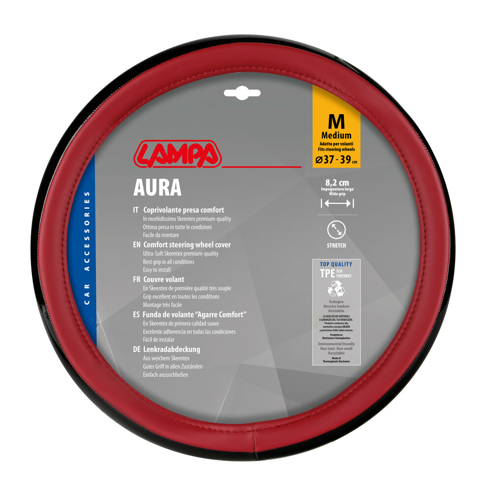Βλησαρούλης Car Center - Lampa - Κάλυμμα Τιμονιού AURA  (M) 37/39cm Μαύρο ένθετο με γυαλάδα / Κόκκινο άοσμο μαλακό Skeentex - 1 τεμ. (L3290.9)