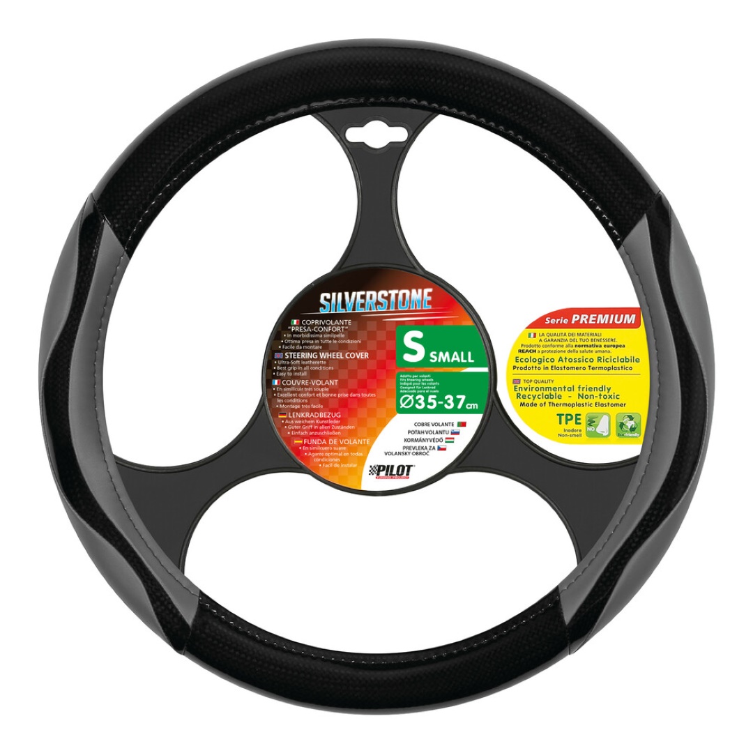 Βλησαρούλης Car Center - ΚΑΛΥΜΜΑ ΤΙΜΟΝΙΟΥ SILVERSTONE (S) 35/37cm ΔΕΡΜΑΤΙΝΗ ΜΑΥΡΟ/ΓΚΡΙ ΑΟΣΜΟ ECO-FRIENDLY