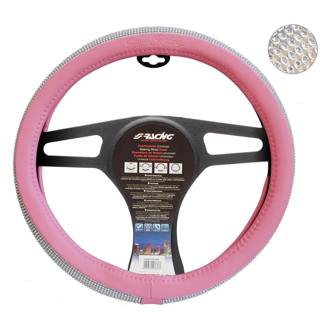 Βλησαρούλης Car Center - ΚΑΛΥΜΜΑ ΤΙΜΟΝΙΟΥ PINK AND DIAMONDS ΡΟΖ ΜΕ ΣΤΡΑΣ ΟΙΚΟΛΟΓΙΚΟ ΔΕΡΜΑ 37-39cm