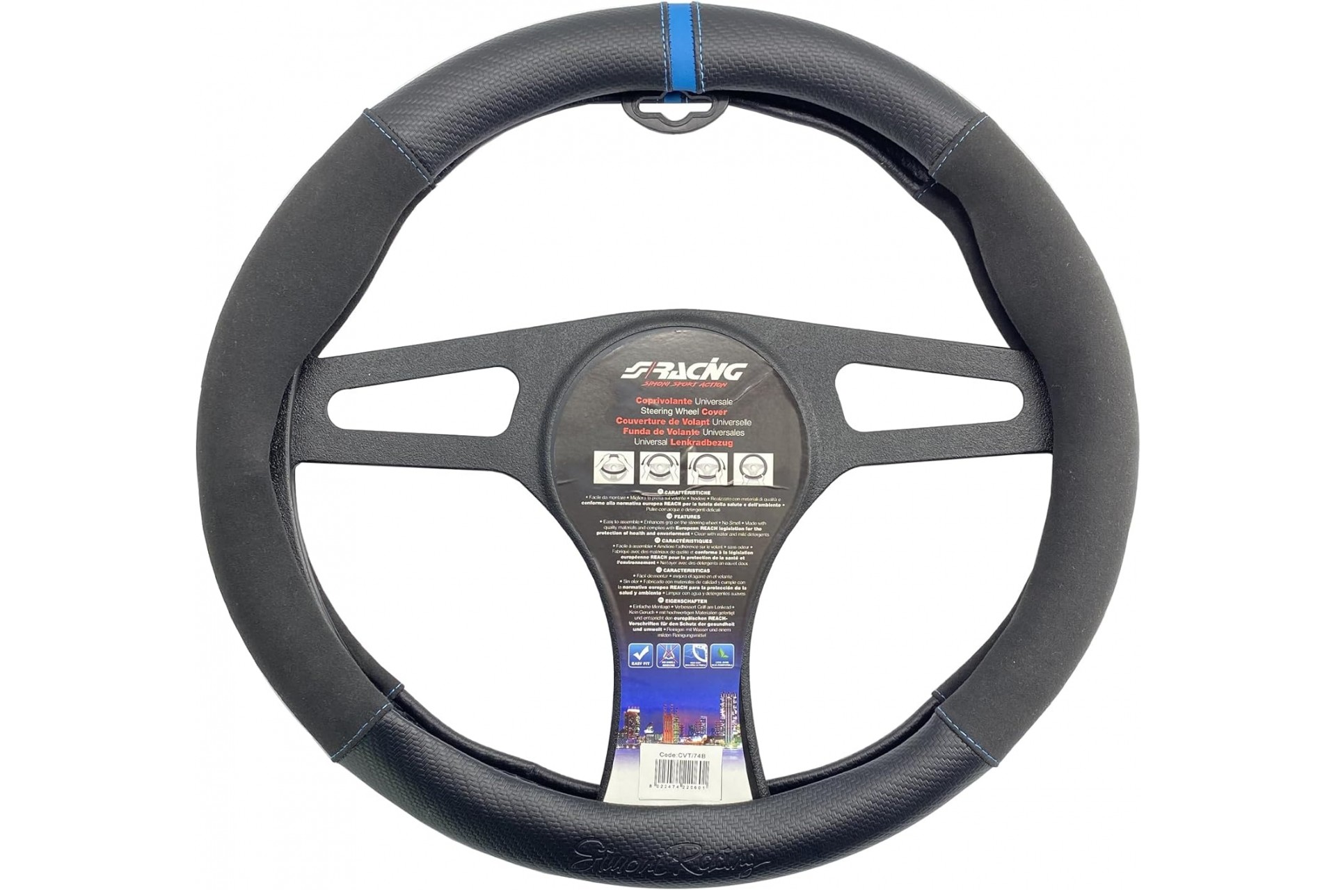 Βλησαρούλης Car Center - ΚΑΛΥΜΜΑ ΤΙΜΟΝΙΟΥ SPORTY CARBON LOOK ΜΑΥΡΟ/ΜΠΛΕ ΟΙΚΟΛΟΓΙΚΟ ΔΕΡΜΑ 37-39cm SIMONI RACING  - 1 τεμ.
