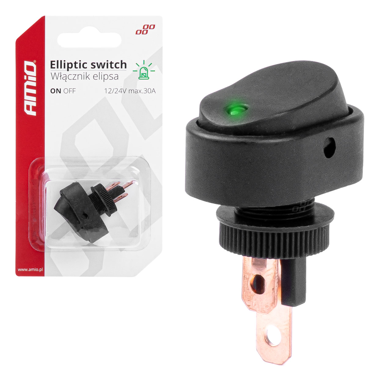 Βλησαρούλης Car Center - Amio - ΔΙΑΚΟΠΤΗΣ ON/OFF 3 ΕΠΑΦΩΝ ΜΕ LED ΠΡΑΣΙΝΟ 12/24V Φ12mm 30A ΜΕ ΣΠΕΙΡΩΜΑ ΟΒΑΛ - 1 ΤΕΜ. (03087/AM)