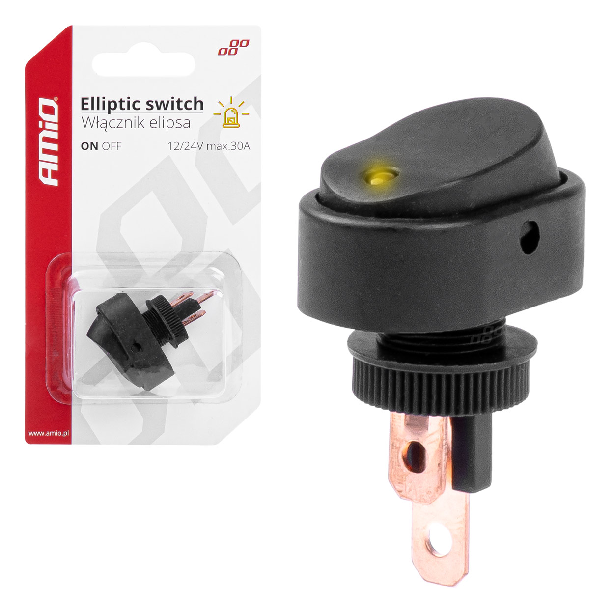 Βλησαρούλης Car Center - Amio - ΔΙΑΚΟΠΤΗΣ ON/OFF 3 ΕΠΑΦΩΝ ΜΕ LED ΚΙΤΡΙΝΟ 12/24V Φ12mm 30A ΜΕ ΣΠΕΙΡΩΜΑ ΟΒΑΛ - 1 ΤΕΜ. (03088/AM)